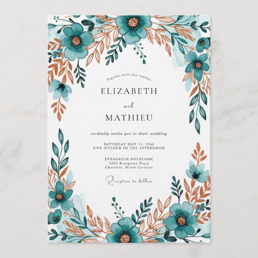 Tealgrüne Blütenhochzeit Einladung (Vorderseite)