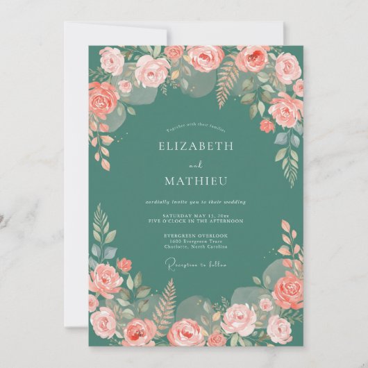 Tealgrüne Rosenhochzeit Einladung (Vorderseite)