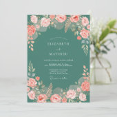 Tealgrüne Rosenhochzeit Einladung (Stehend Vorderseite)