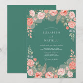Tealgrüne Rosenhochzeit Einladung (Vorne/Hinten)