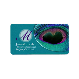 TealPurple Peacock Feather Monogram Address Label Adressaufkleber