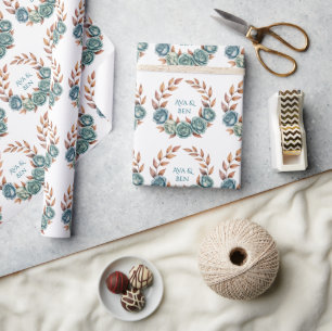 Tealrosen- und Kupferblätter-Hochzeit Geschenkpapier