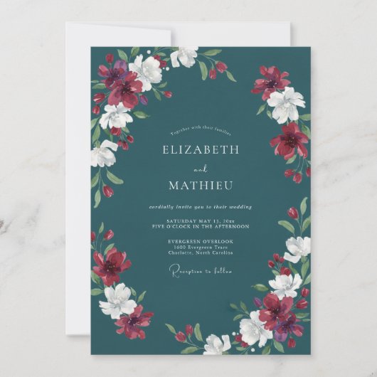 Tealrote Blütenhochzeit Einladung (Vorderseite)