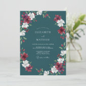 Tealrote Blütenhochzeit Einladung (Stehend Vorderseite)