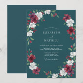 Tealrote Blütenhochzeit Einladung (Vorne/Hinten)