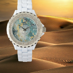 Tealuhr mit Goldmarmor und Strasssteinen – weißes Armbanduhr