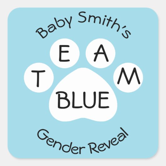 Team Blue Paw Print Gender Reveal Quadratischer Aufkleber (Vorderseite)