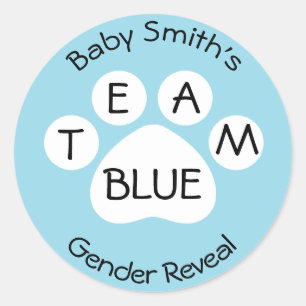 Team Blue Paw Print Gender Reveal Runder Aufkleber