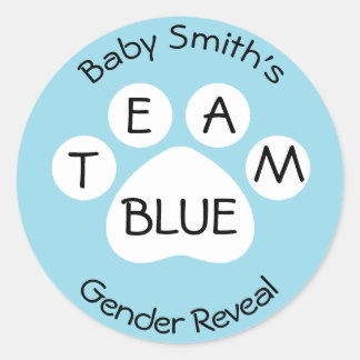 Team Blue Paw Print Gender Reveal Runder Aufkleber