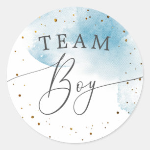 Team Boy Gender Reveal Watercolor Blue Abstimmung Runder Aufkleber