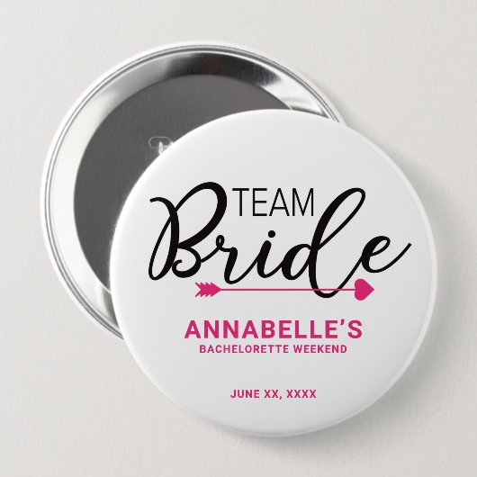 Team Bride Button. Kronen, Kupid-Arrow WEISS Button (Vorne & Hinten)