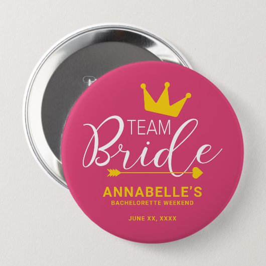 Team Bride Button. Kronen, Kupid-Pfeil-Taste. ROSA Button (Vorne & Hinten)