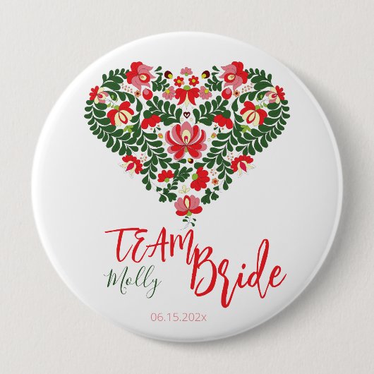 Team Bride Custom Script Ungarisch Matyo Folk Button (Vorderseite)