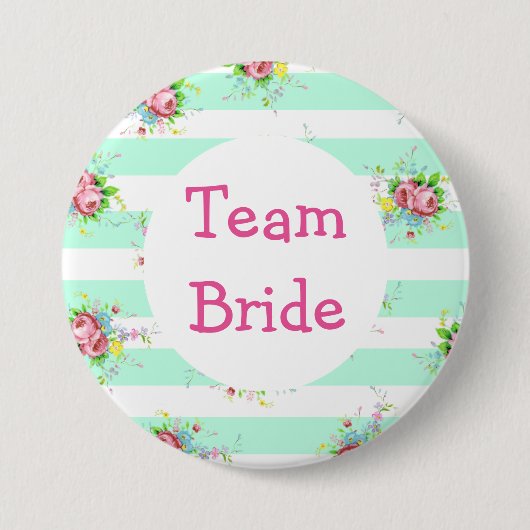 "Team Bride" Hochzeitsknopf Minze Grün Blütenrosa Button (Vorderseite)