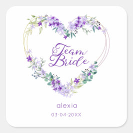 Team Bride Quote & Floral Purple Heart for Wedding Quadratischer Aufkleber