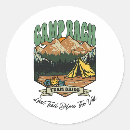 Team Bride Retro Camp Bach Camping Bachelorette Es Runder Aufkleber (Vorderseite)