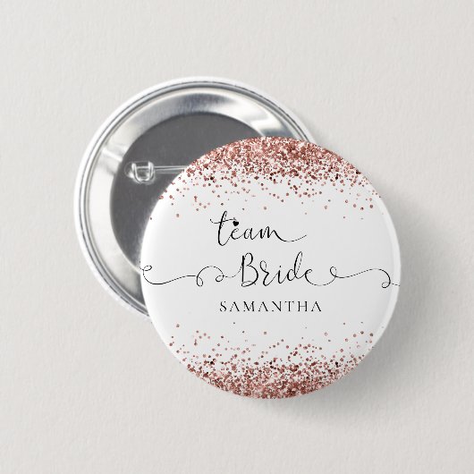 Team Bridge Name Script Rose Gold Glitzer Borders Button (Vorne & Hinten)