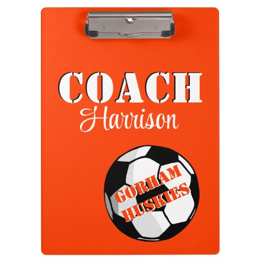Team Coach Orange und White Soccer Personalisiert Klemmbrett (Vorderseite)