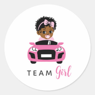 Team Girl Baby im rosa Auto Geschlechtsenthüllungs Runder Aufkleber