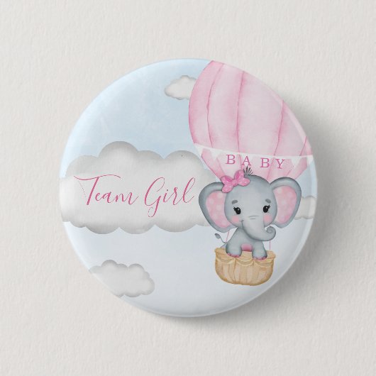 Team Girl Elephant Balloon Babydusche Button (Vorderseite)