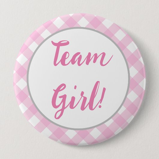 Team Girl Gender Reveal Button, Pink Gingham Karie Button (Vorderseite)