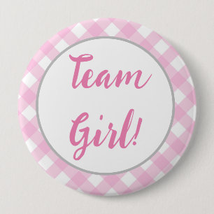 Team Girl Gender Reveal Button, Pink Gingham Karie Button
