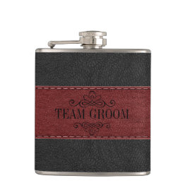 Team Groom Black & Red Leather Flachmann