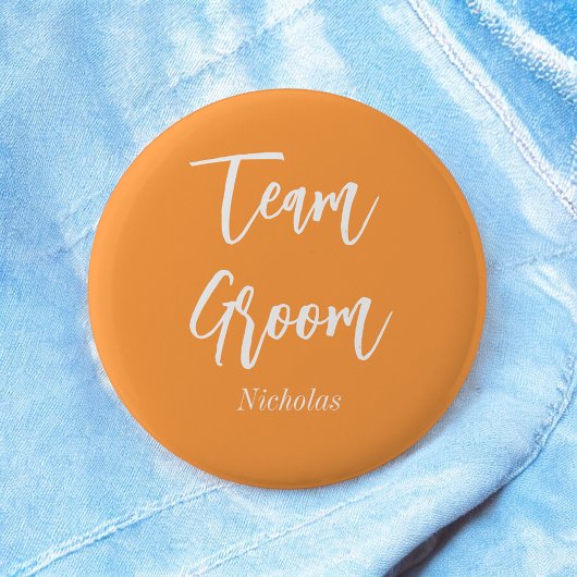 Team Groom Orange White Wedding Button