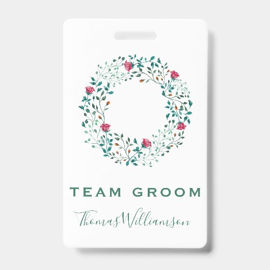 Team Groom Rustic Floral & Greenery Wreath Wedding Ausweis (Vorderseite)