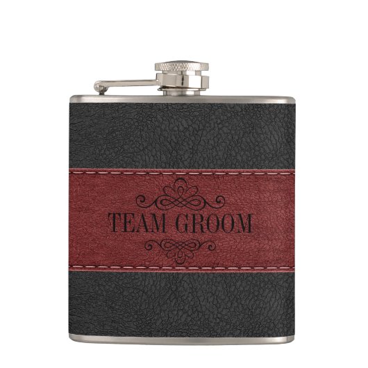 Team Groom Schwarz & Rot Leder Flachmann (Vorderseite)