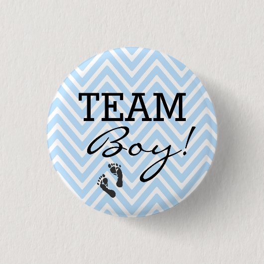 Team-Jungen-blaue und weiße Zickzack Baby-Dusche Button (Vorderseite)