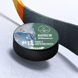 Team Logo Hockey Player Name Jersey Number & Photo Eishockey Puck<br><div class="desc">Unique personalized hockey puck photo keepsake for your All-Star hockey player. Our design features a rustic gunge-style design with customizable color grunge textures and photo frames. Personalize with the hockey player's photo,  along with the name,  team logo,  jersey number,  position,  and year. Design by Moodthology Papery.</div>