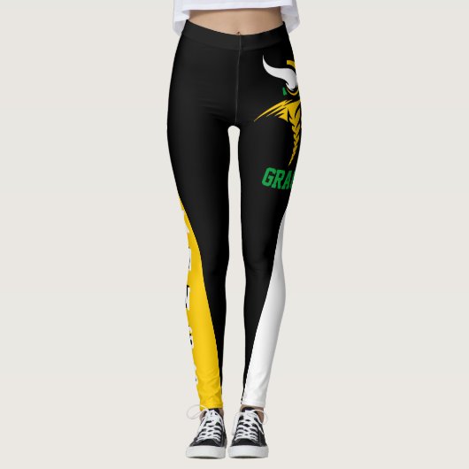 Team & Lüfter Schwarz/Grün/Gold/Weiß-Maskottchen Leggings (Vorderseite)