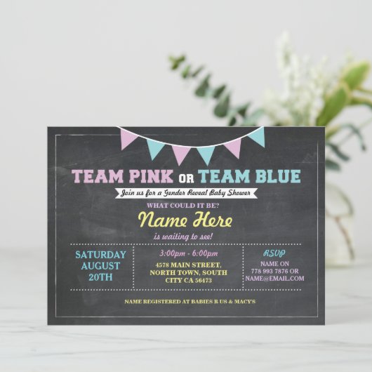 Team Pink oder Blue Gender Reveal Baby Dusche einl Einladung (Stehend Vorderseite)