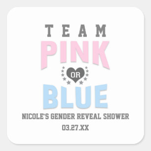 Team PINK oder BLUE Gender Reveal Baby Shower Bevo Quadratischer Aufkleber