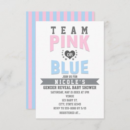 Team PINK oder BLUE Gender Reveal Baby Shower Einladung (Vorne/Hinten)