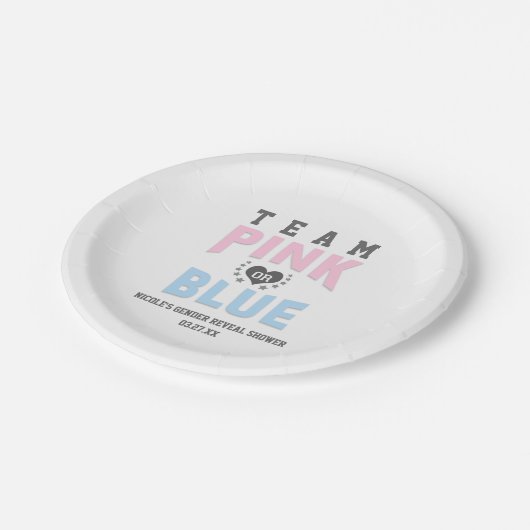 Team PINK oder BLUE Gender Reveal Baby Shower Pappteller (Schrägansicht)
