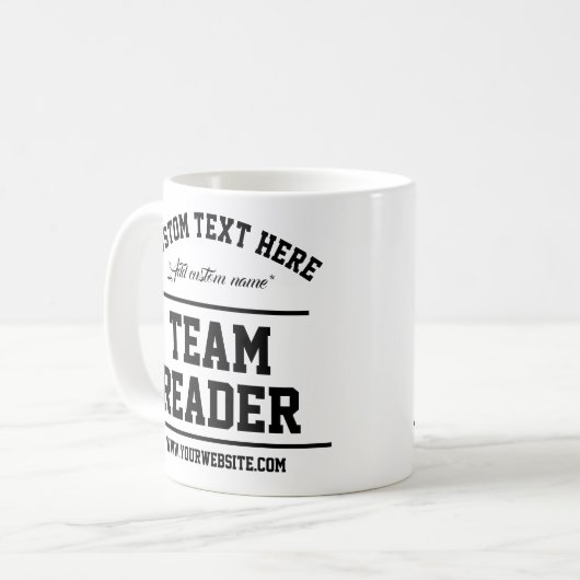 Team Reader. Moderne Weiß und Schwarz. Textvorlage Kaffeetasse (Vorderseite Links)