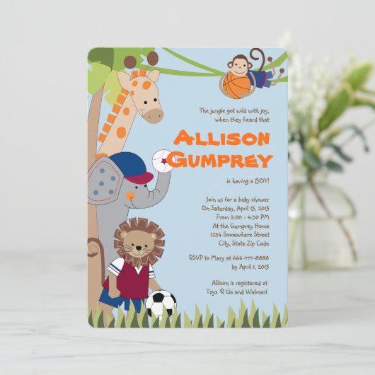 Team Safari Baby Dusche Einladung (Stehend Vorderseite)