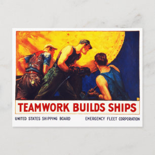 Teamarbeit baut Schiffe Postkarte