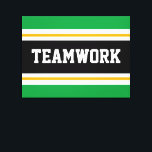 TEAMWORK Bright Green Schwarz-weiß Racing Stripes Leinwanddruck<br><div class="desc">Dieses sportliche,  sportliche Design mit feinem TEAMWORK-Text in einem farbig hervorgehobenen breiten schwarzen Streifen mit doppelweißen und gelben Rennstreifen gegen leuchtend grüne Außenstreifen. Der Text in diesem Design kann personalisiert sein.</div>