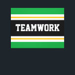 TEAMWORK Bright Green Schwarz-weiß Racing Stripes Leinwanddruck<br><div class="desc">Dieses sportliche,  sportliche Design mit feinem TEAMWORK-Text in einem farbig hervorgehobenen breiten schwarzen Streifen mit doppelweißen und gelben Rennstreifen gegen leuchtend grüne Außenstreifen. Der Text in diesem Design kann personalisiert sein.</div>