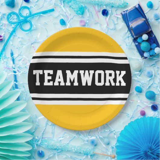 TEAMWORK Fun Bright Yellow Black Racing Streifen Pappteller (Party)