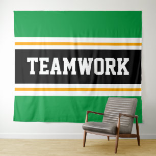 TEAMWORK Grüne, Schwarz-weiß gelbe Streifen Wandteppich