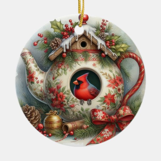 Teapot Birdhouse Kardinal 1 Keramik Ornament (Vorne)