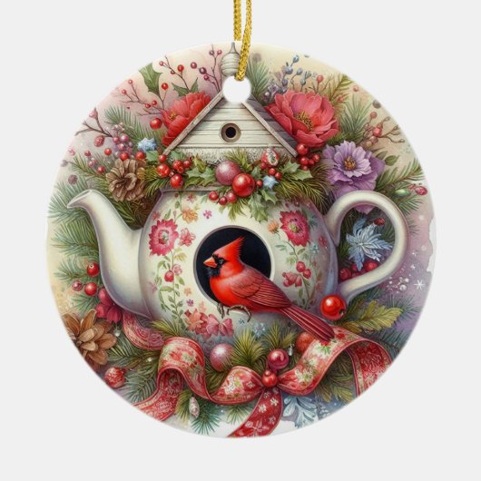 Teapot Birdhouse Kardinal 2 Keramik Ornament (Vorne)