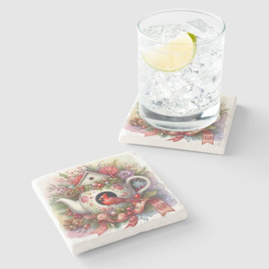 Teapot Birdhouse Kardinal 2 Steinuntersetzer (Seitenansicht)