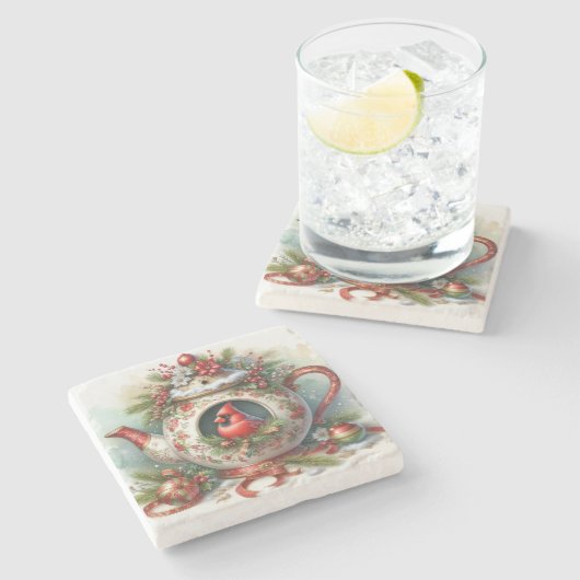 Teapot Birdhouse Kardinal 5 Steinuntersetzer (Seitenansicht)