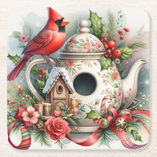 Teapot Birdhouse Kardinal 6 Rechteckiger Pappuntersetzer (Vorderseite)