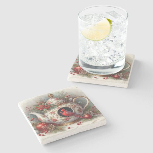 Teapot Birdhouse Kardinal 6 Steinuntersetzer (Seitenansicht)